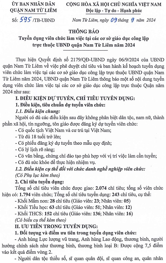 UBND quận Nam Từ Liêm, Hà Nội tuyển dụng viên chức ngành GD&amp;ĐT năm 2024