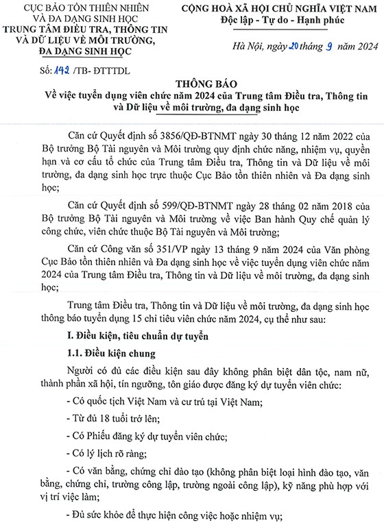 Trung tâm Điều tra, Thông tin và Dữ liệu về môi trường, đa dạng sinh học tuyển dụng viên chức năm 2024