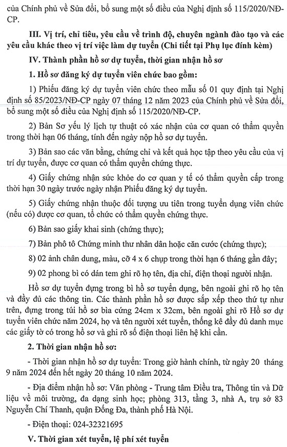 Trung tâm Điều tra, Thông tin và Dữ liệu về môi trường, đa dạng sinh học tuyển dụng viên chức năm 2024