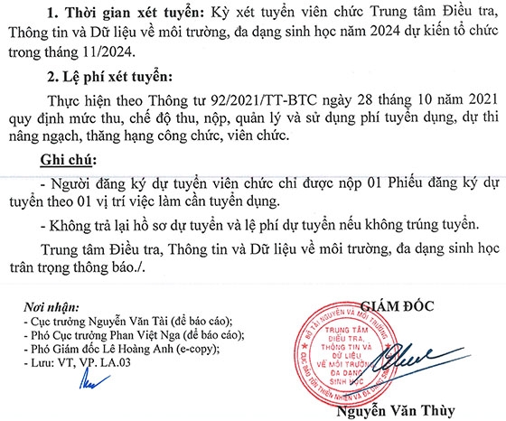 Trung tâm Điều tra, Thông tin và Dữ liệu về môi trường, đa dạng sinh học tuyển dụng viên chức năm 2024