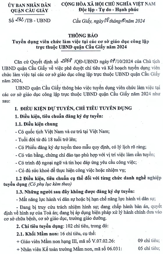 UBND quận Cầu Giấy, Hà Nội tuyển dụng viên chức làm việc tại các cơ sở GD công lập