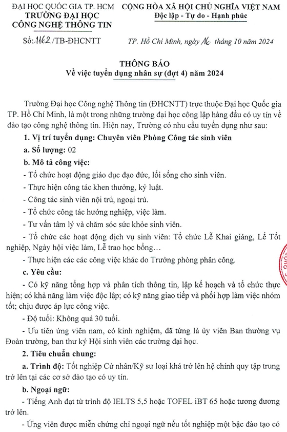 Trường ĐH Công nghệ Thông tin, ĐHQG-HCM tuyển dụng nhân sự đợt 4 năm 2024