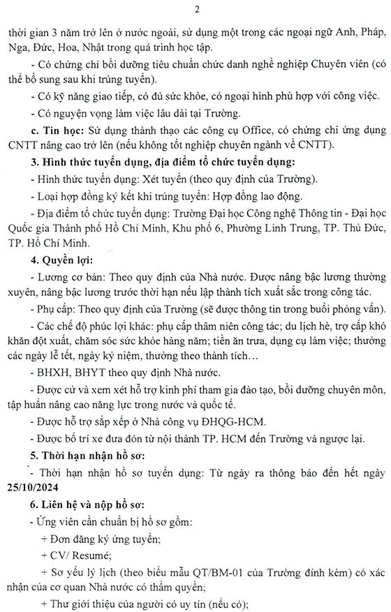 Trường ĐH Công nghệ Thông tin, ĐHQG-HCM tuyển dụng nhân sự đợt 4 năm 2024