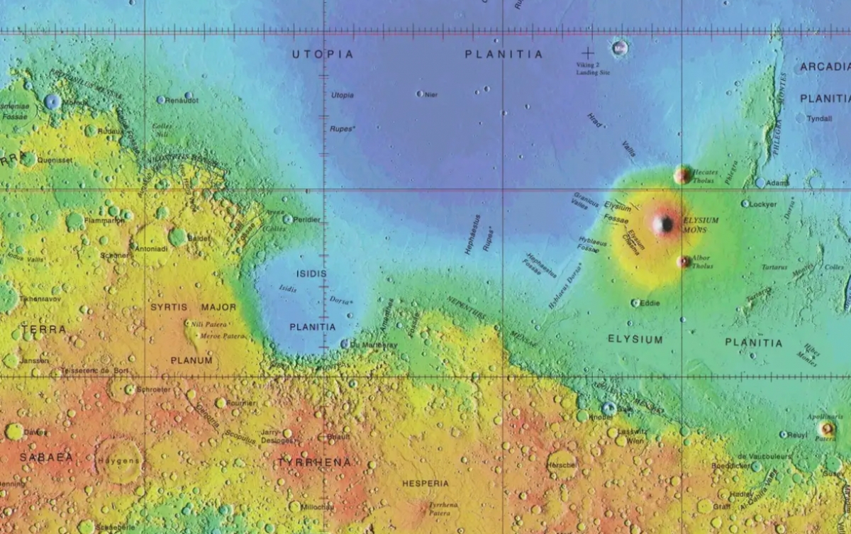 Bản đồ địa hình Sao Hỏa hiển thị khu vực Utopia Planitia, nơi có thể từng là một đại dương.