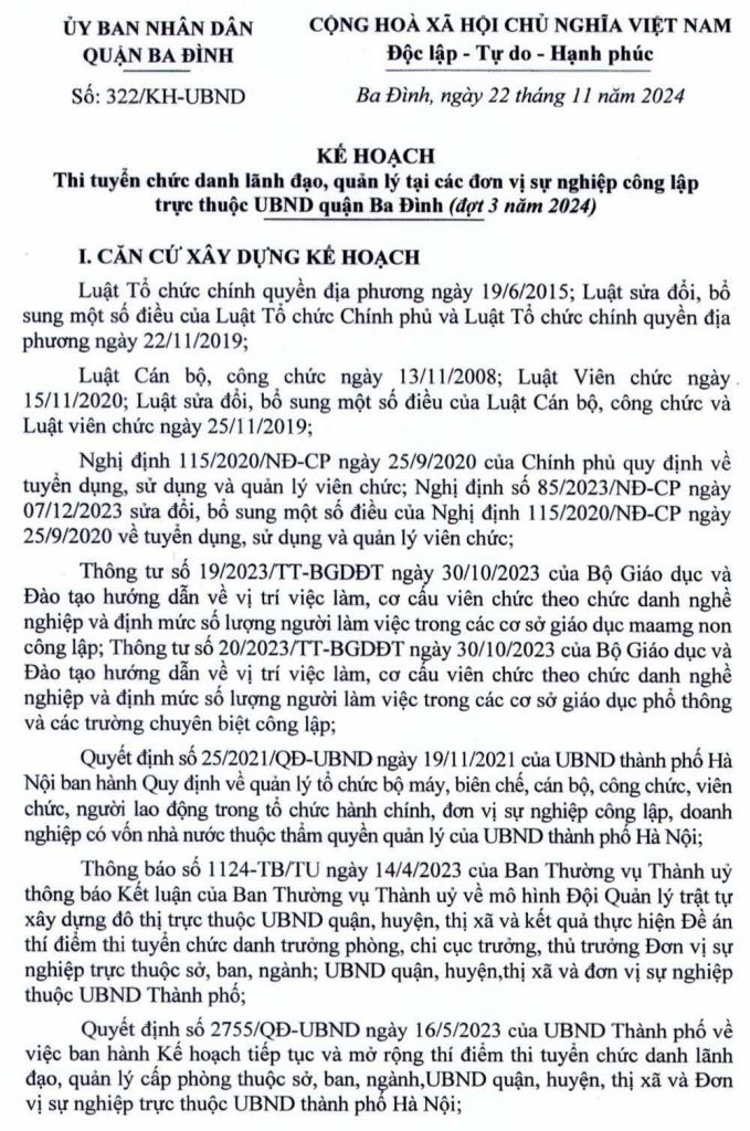 UBND quận Ba Đình, TP. Hà Nội tuyển dụng chức danh lãnh đạo, quản lý