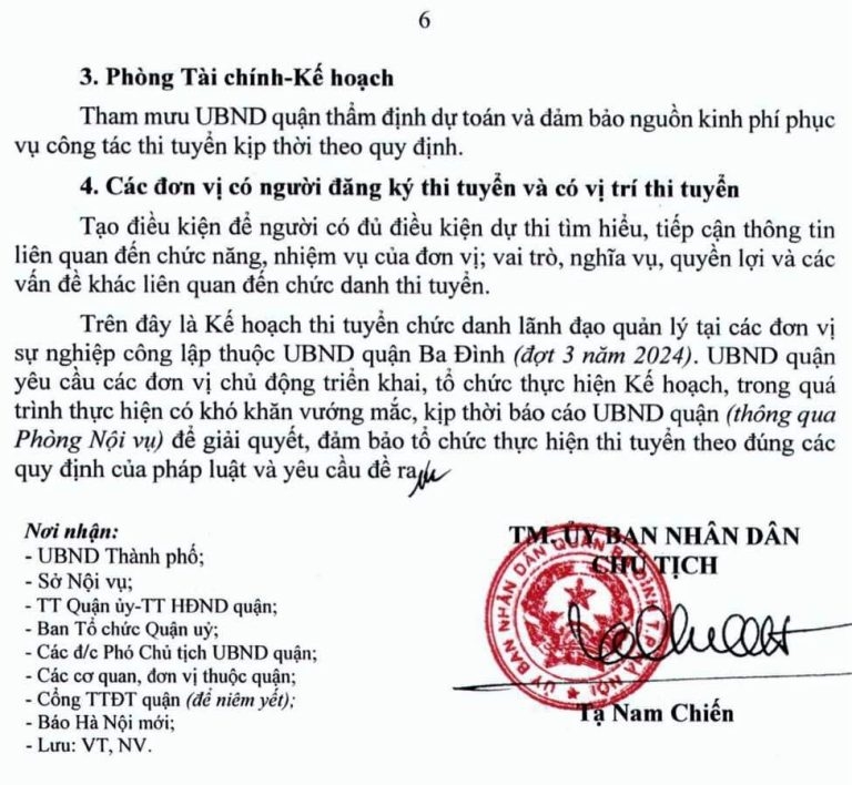 UBND quận Ba Đình, TP. Hà Nội tuyển dụng chức danh lãnh đạo, quản lý