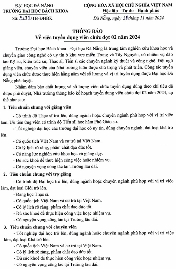 Trường Đại học Bách khoa – Đại học Đà Nẵng tuyển dụng viên chức đợt 02 năm 2024