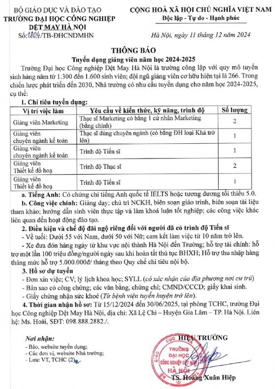 Trường Đại học Công nghiệp Dệt may Hà Nội tuyển dụng giảng viên năm học 2024-2025