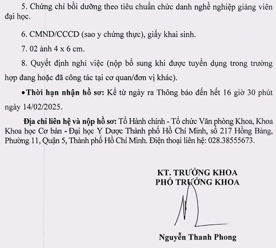 Khoa Khoa học Cơ bản, Đại học Y Dược TP. HCM tuyển dụng giảng viên