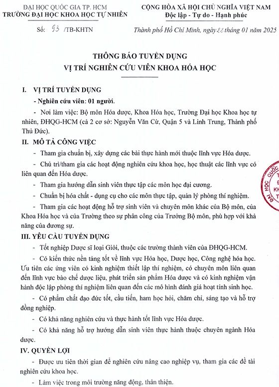 Trường ĐH Khoa học Tự nhiên, ĐHQG – HCM tuyển nghiên cứu viên khoa hóa học