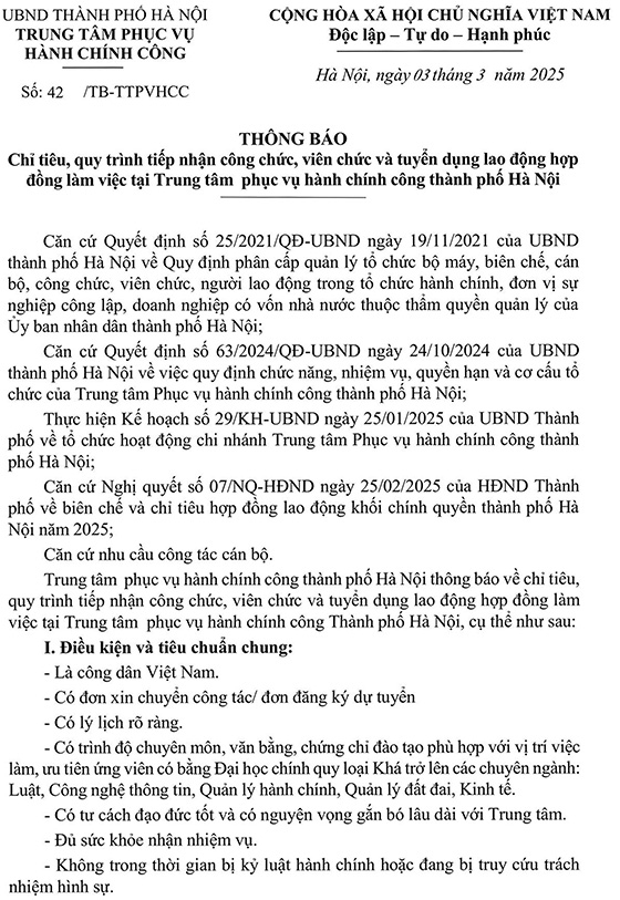 Trung tâm phục vụ hành chính công TP. Hà Nội tuyển dụng lao động