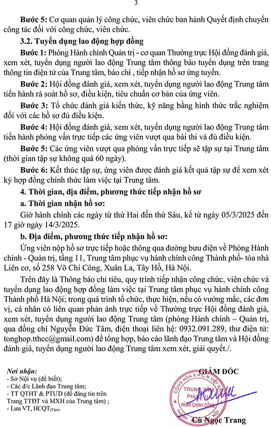 Trung tâm phục vụ hành chính công TP. Hà Nội tuyển dụng lao động