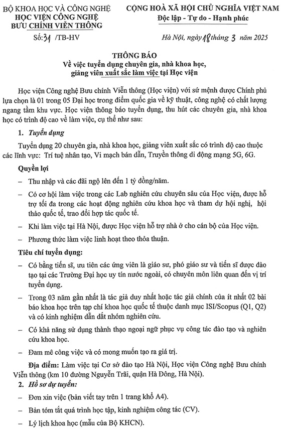 Học viện Công nghệ Bưu chính Viễn thông tuyển dụng