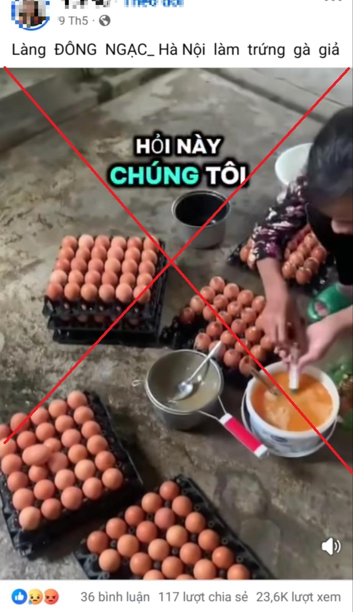 Thông tin về sản xuất trứng gà giả được lan truyền trên MXH. Ảnh chụp màn hình