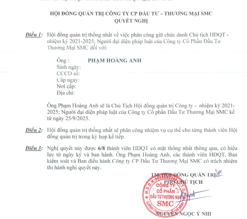 Đầu tư Thương mại SMC đổi Chủ tịch HĐQT trong bối cảnh thua lỗ, nợ phải trả chiếm 84% tổng tài sản