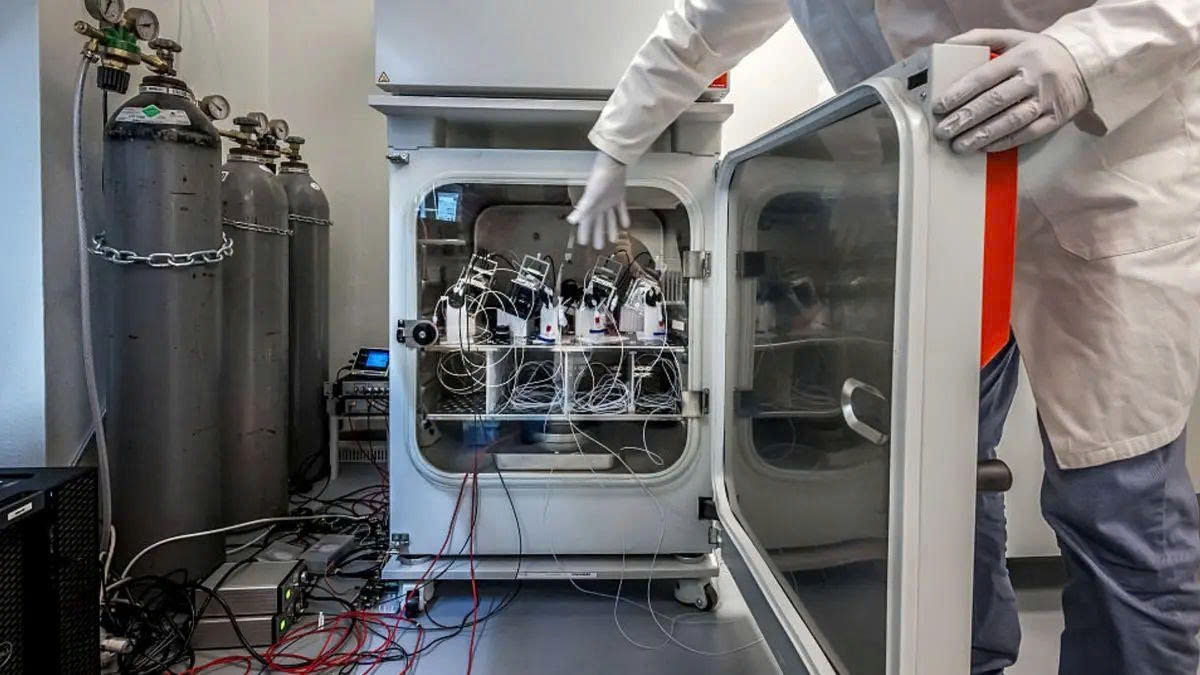 Đồng sáng lập FinalSpark, ông Fred Jordan, giới thiệu các thiết bị chứa tế bào não người được bảo quản trong tủ đông phòng thí nghiệm. Ảnh: FABRICE COFFRINI / AFP  Đồng sáng lập FinalSpark, ông Fred Jordan, giới thiệu các thiết bị chứa tế bào não người được bảo quản trong tủ đông phòng thí nghiệm. Ảnh: FABRICE COFFRINI / AFP