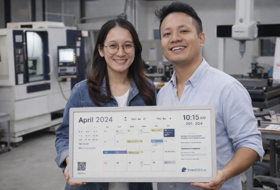 Chị Alice Lê Thu Hương cùng anh Nguyễn Tiến Huấn và sản phẩm Lịch điện tử để bàn e-ink