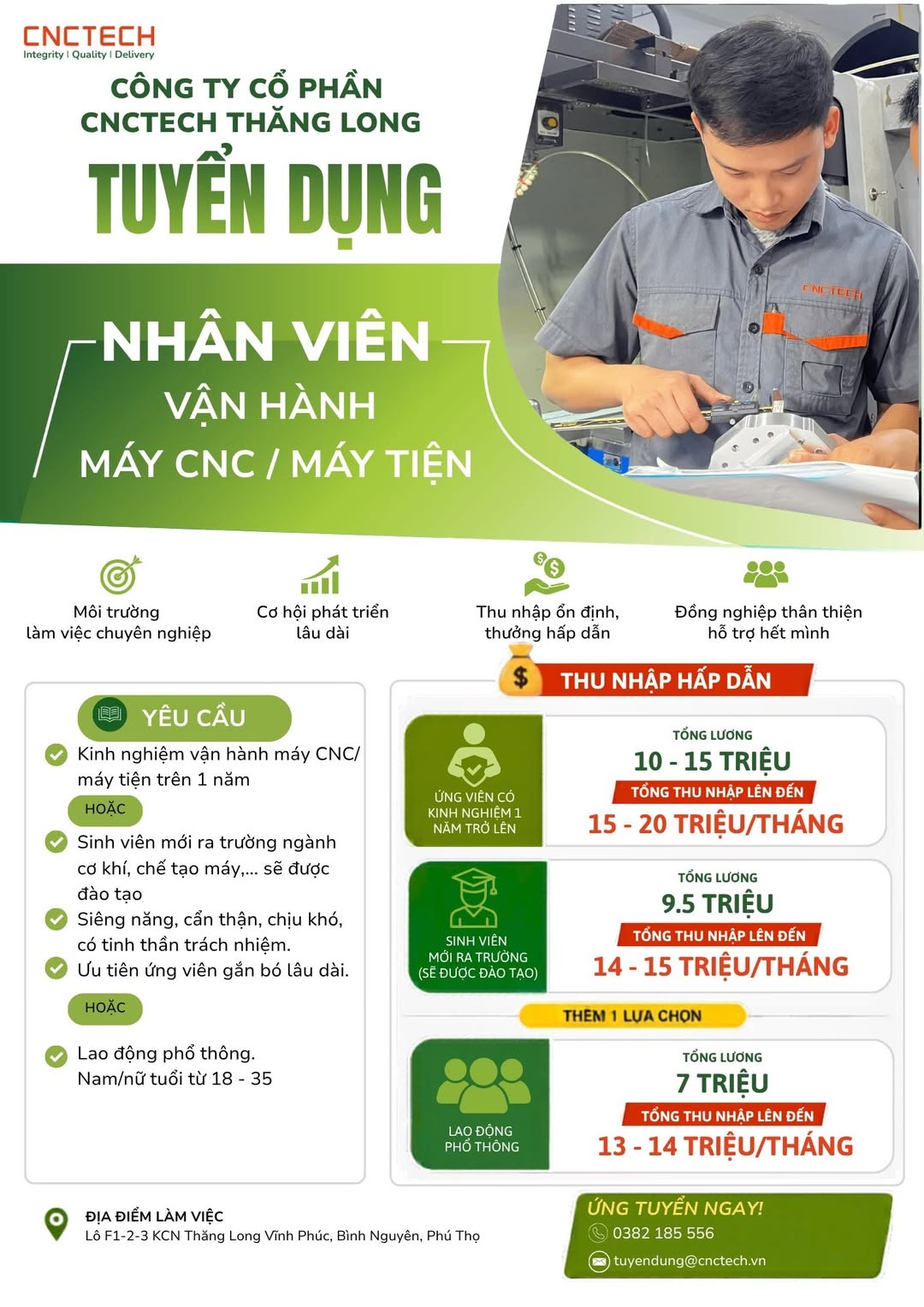 CNCTech Thăng Long tuyển dụng nhân viên vận hành máy CNC, máy tiện