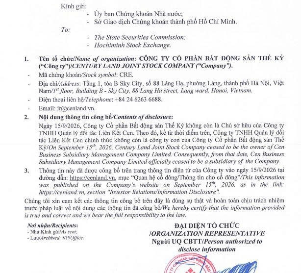 Cen Land tiếp tục chuỗi động thái rút vốn khỏi các công ty con