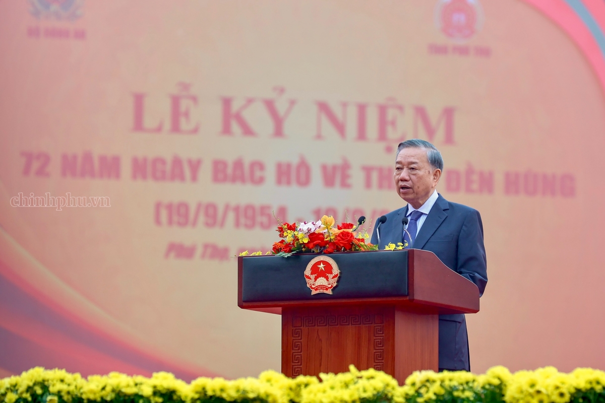 Tổng Bí thư, Chủ tịch nước Tô Lâm phát biểu tại Lễ kỷ niệm 72 năm Ngày Bác Hồ về thăm Đền Hùng - Ảnh: chinhphu.vn/Nhật Bắc