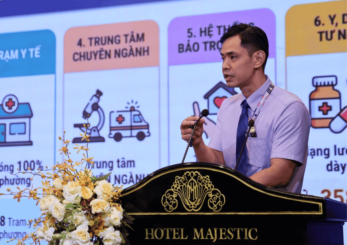 ông Lương Chấn Lập - Phó Trưởng phòng Phòng Kế hoạch - Tài chính, Sở Y tế  trình bày tại hội nghị