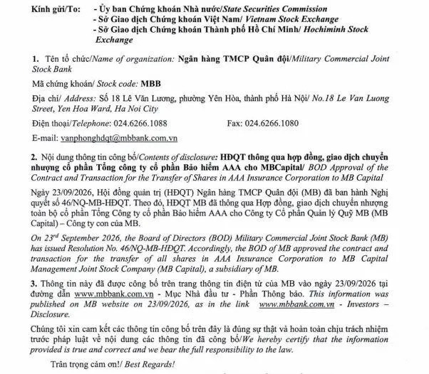 Ngân hàng MB chuyển giao toàn bộ vốn tại Bảo hiểm AAA sang MB Capital